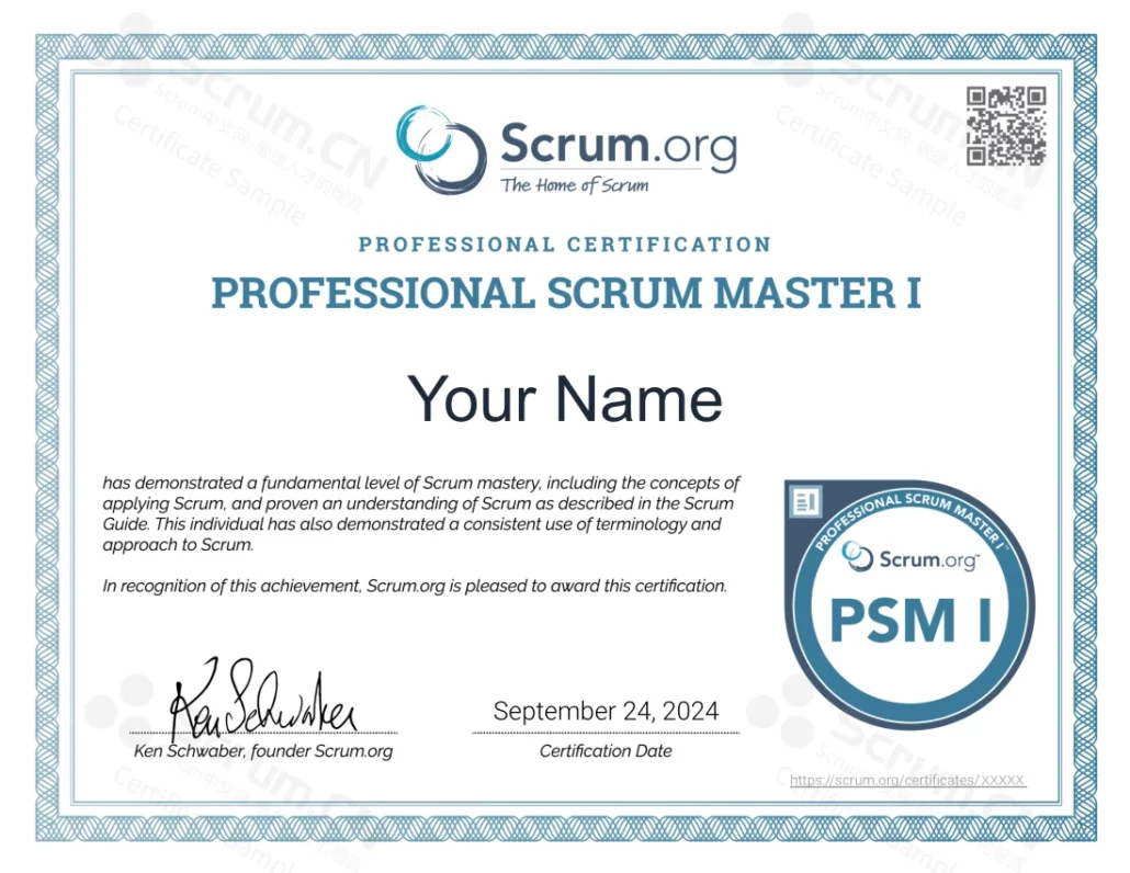 Professional Scrum Master I（PSM I） 证书样例